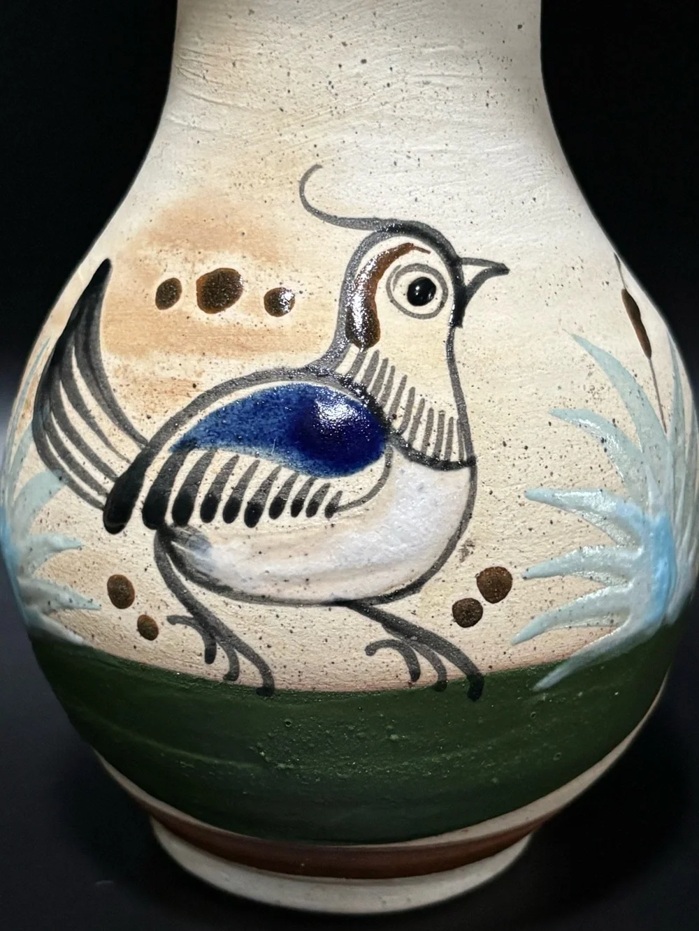 Vintage Tonala Mexican Pottery Vase Hand Painted Folk Art Bird Sandstone 6.5”